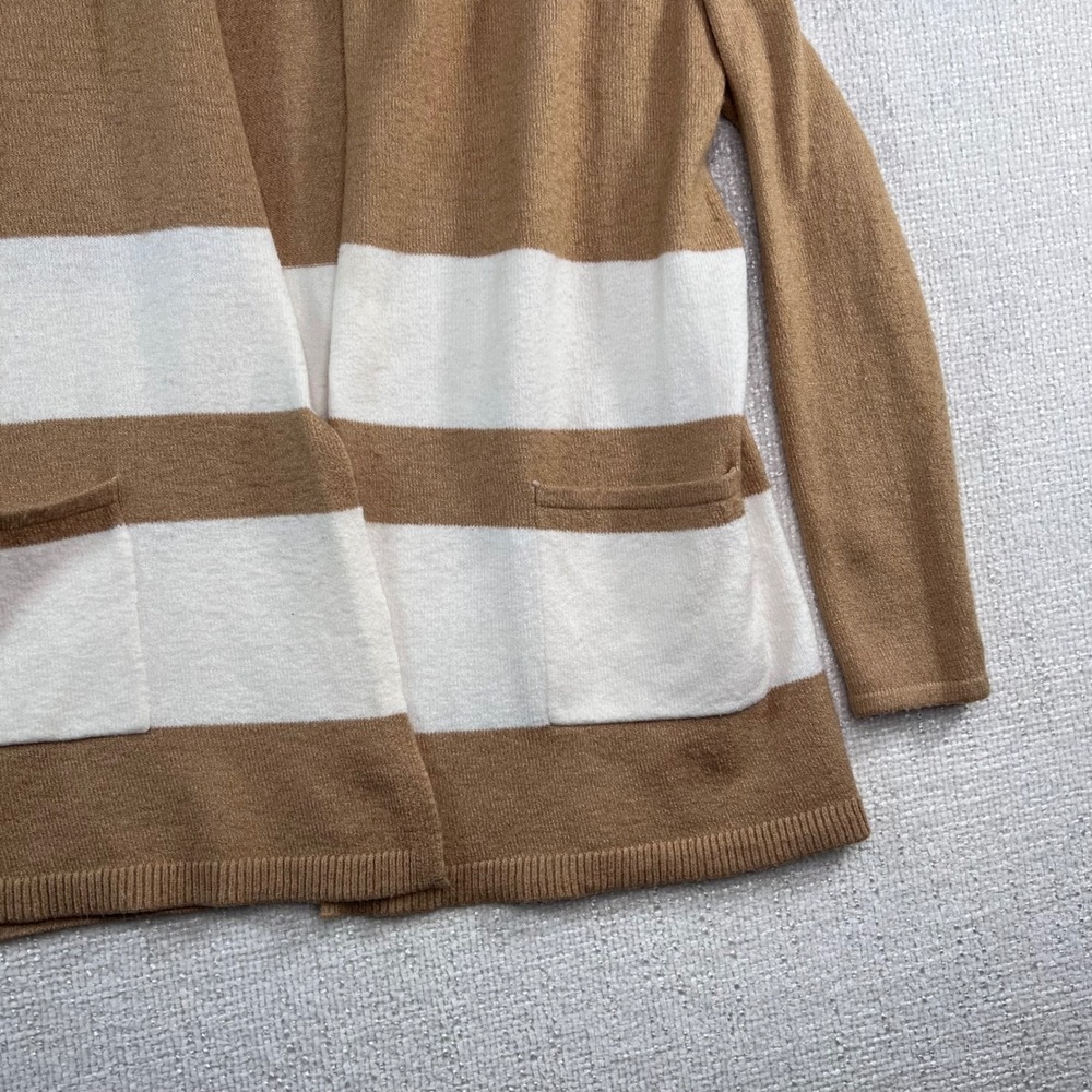 LOFT Womens Striped Open Front Cardigan Sweater Brown White Pocket Wool Blend XS - Picture 3 of 10
